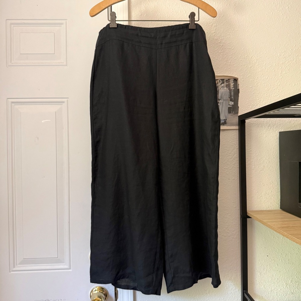 EILEEN FISHER black organic linen lagenlook wide leg‎ cropped pants